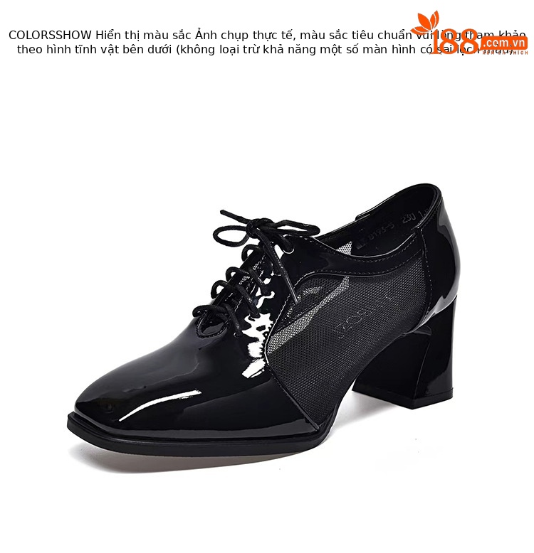 Giày sandal cao gót nữ mũi vuông gót dày da bóng thoáng khí — Màu đen chi tiết 9