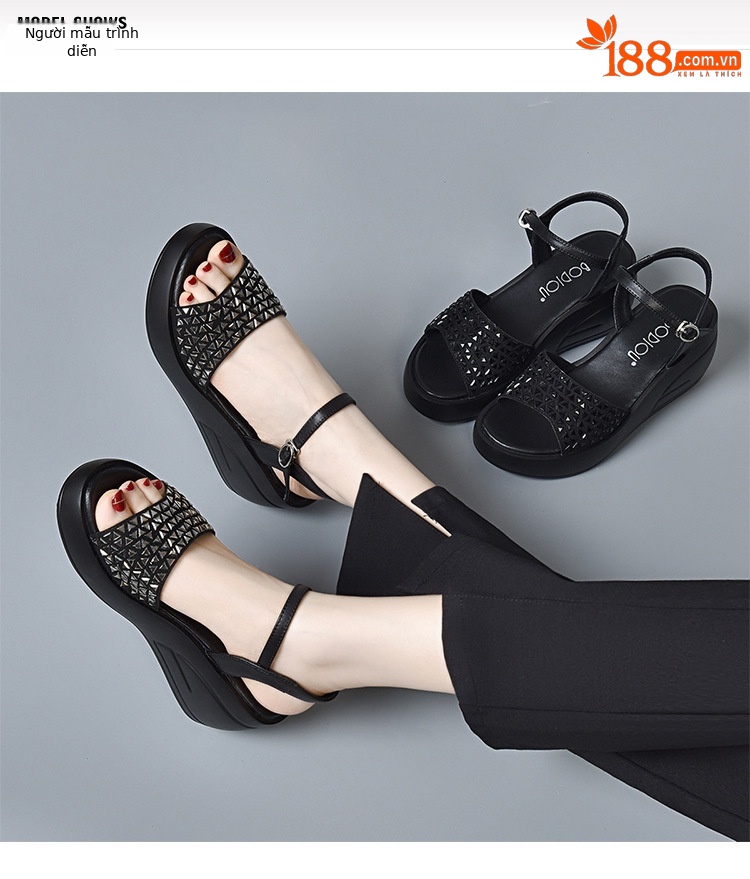 Dép sandal nữ đế xuồng đính đá cao cấp, gót cao tăng chiều — Màu đen chi tiết 1