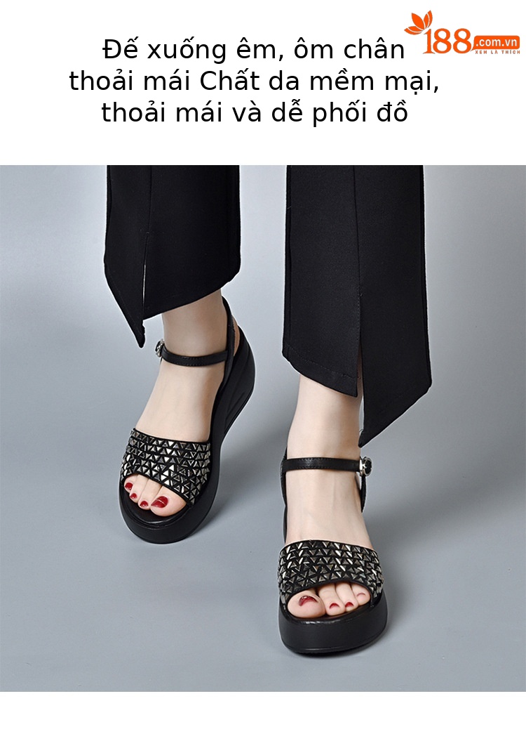 Dép sandal nữ đế xuồng đính đá cao cấp, gót cao tăng chiều — Màu đen chi tiết 2