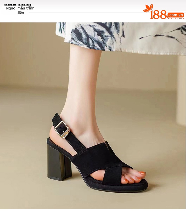 Sandal cao gót da cừu nữ mũi hở gót 7 cm đế dày chống thấm — Màu đen gót 7cm chi tiết 1