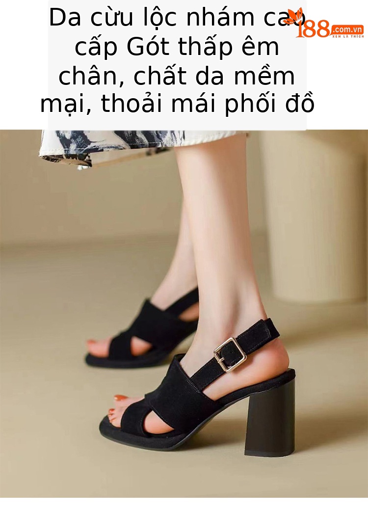 Sandal cao gót da cừu nữ mũi hở gót 7 cm đế dày chống thấm — Màu đen gót 7cm chi tiết 2