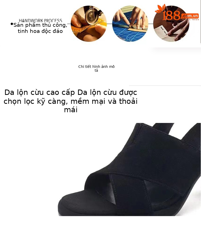 Sandal cao gót da cừu nữ mũi hở gót 7 cm đế dày chống thấm — Màu đen gót 7cm chi tiết 7