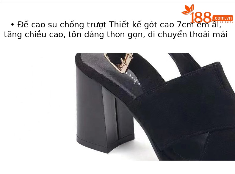Sandal cao gót da cừu nữ mũi hở gót 7 cm đế dày chống thấm — Màu đen gót 7cm chi tiết 8