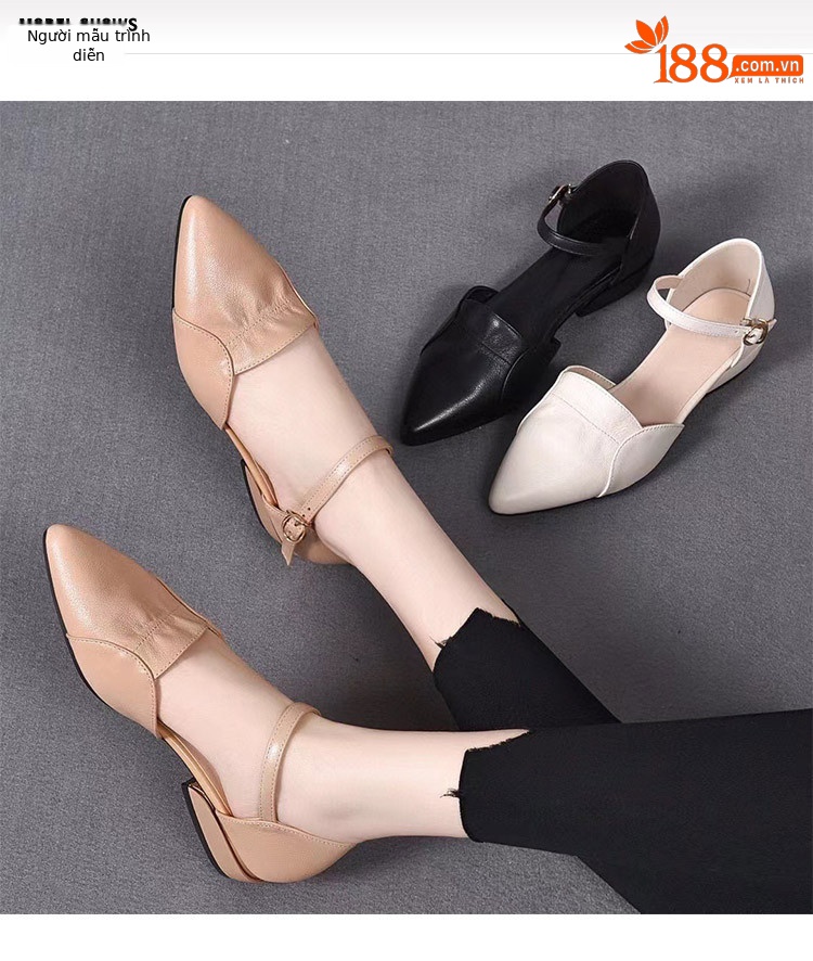 Sandal da nữ mũi kín gót vuông 2,5 cm kiểu dáng nông khoét lỗ đế mềm — Gót 2,5 cm màu trắng Be chi tiết 1