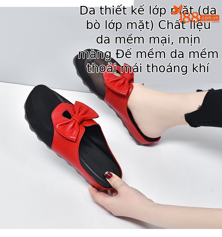 Dép nửa kín mũi da thật bệt đi ngoài trời lưới đế mềm — Màu đen chi tiết 4