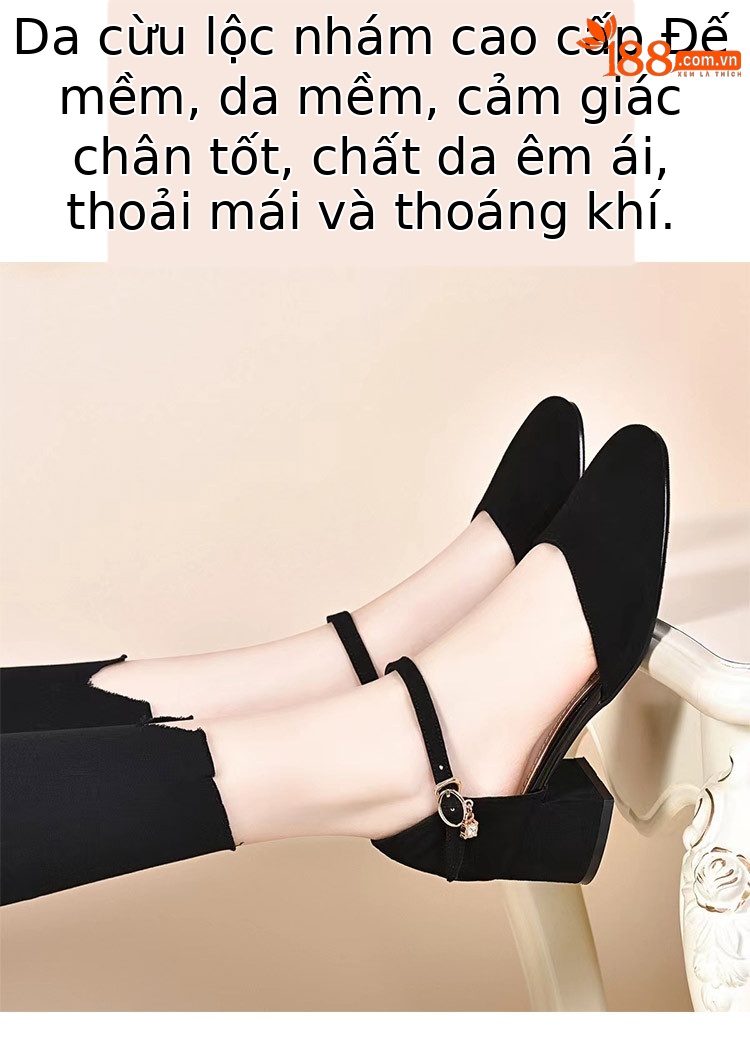 Sandal cao gót nữ quai ngang gót vuông da lộn — Màu đen Cashmere chi tiết 2