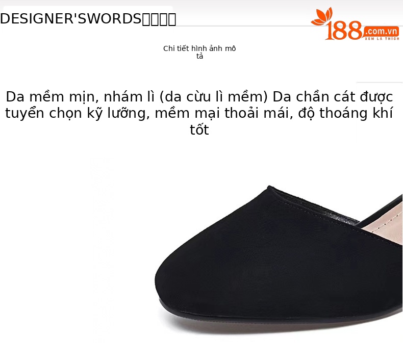 Sandal cao gót nữ quai ngang gót vuông da lộn — Màu đen Cashmere chi tiết 7