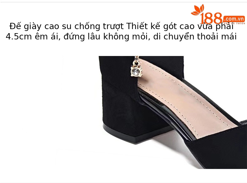 Sandal cao gót nữ quai ngang gót vuông da lộn — Màu đen Cashmere chi tiết 8