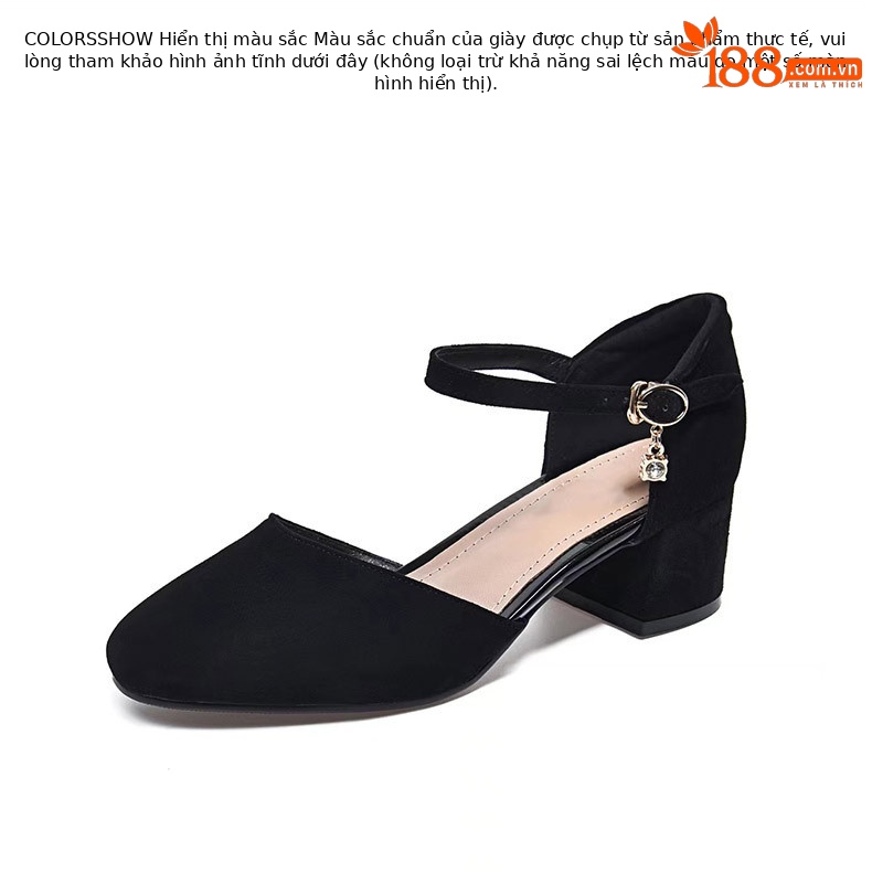 Sandal cao gót nữ quai ngang gót vuông da lộn — Màu đen Cashmere chi tiết 9