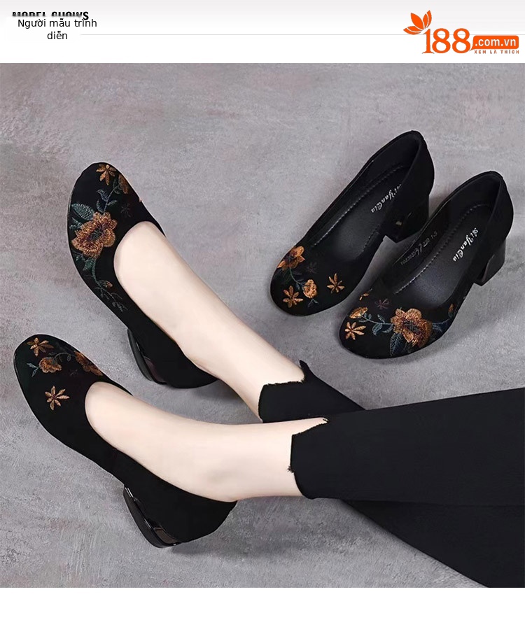 Giày búp bê nữ da thật đế mềm mũi tròn thêu hoa gót vuông 2,5 cm phong cách dân tộc — Màu đen gót 2,5 cm chi tiết 1