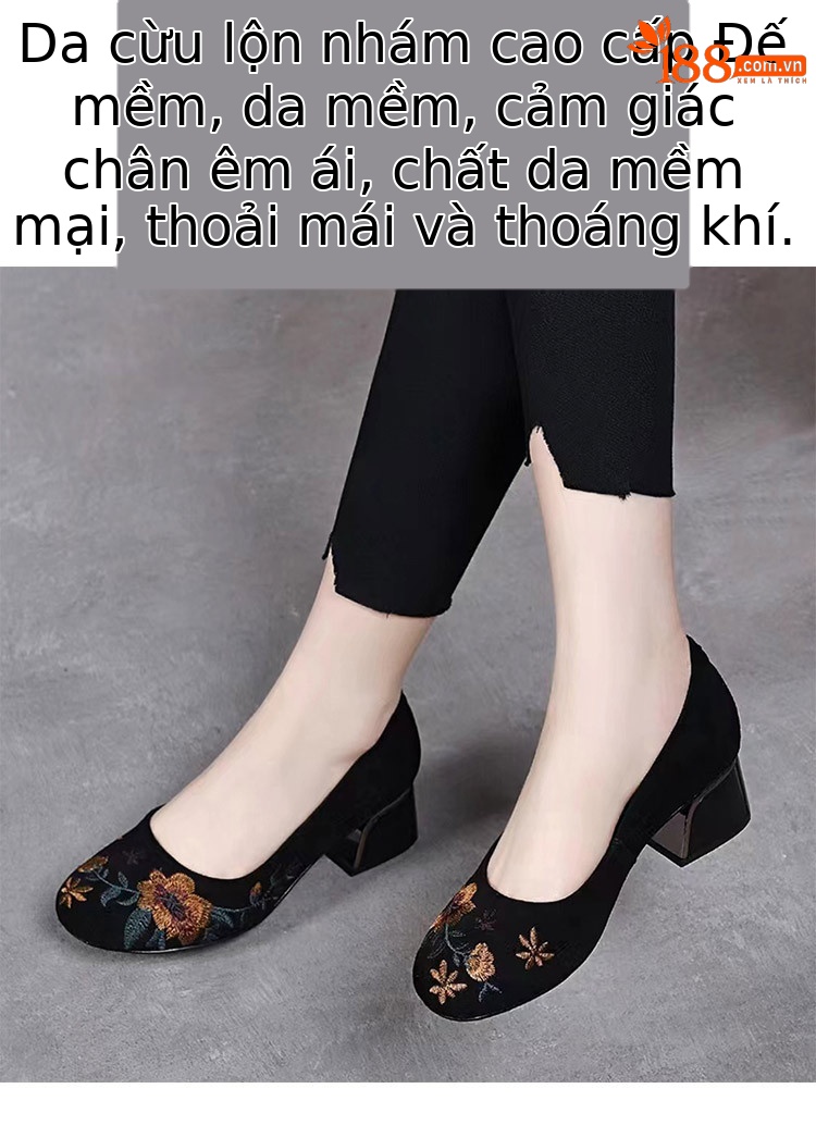 Giày búp bê nữ da thật đế mềm mũi tròn thêu hoa gót vuông 2,5 cm phong cách dân tộc — Màu đen gót 2,5 cm chi tiết 2