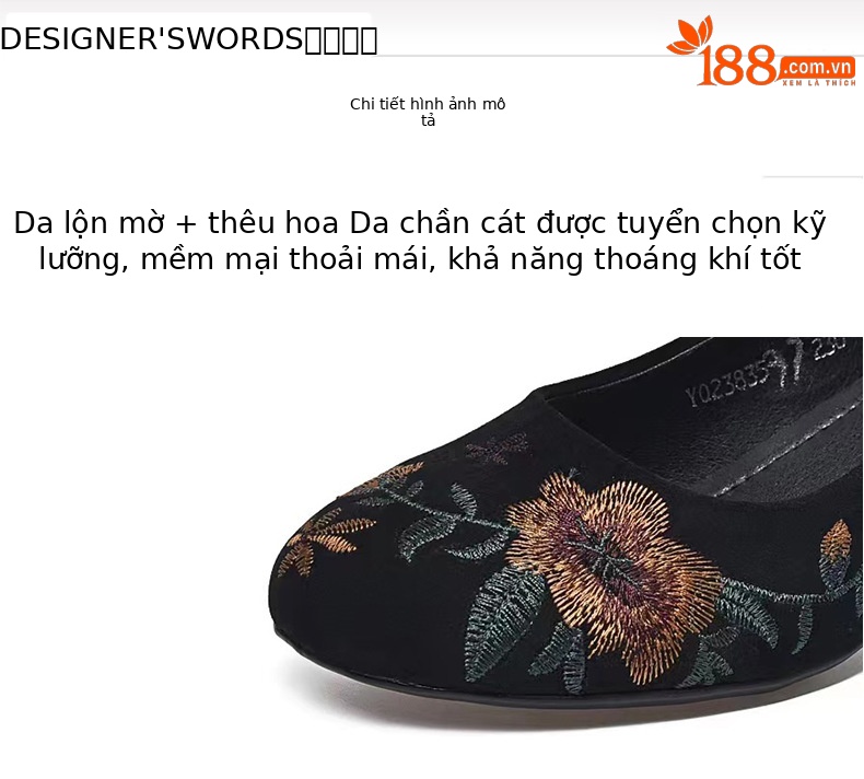 Giày búp bê nữ da thật đế mềm mũi tròn thêu hoa gót vuông 2,5 cm phong cách dân tộc — Màu đen gót 2,5 cm chi tiết 7