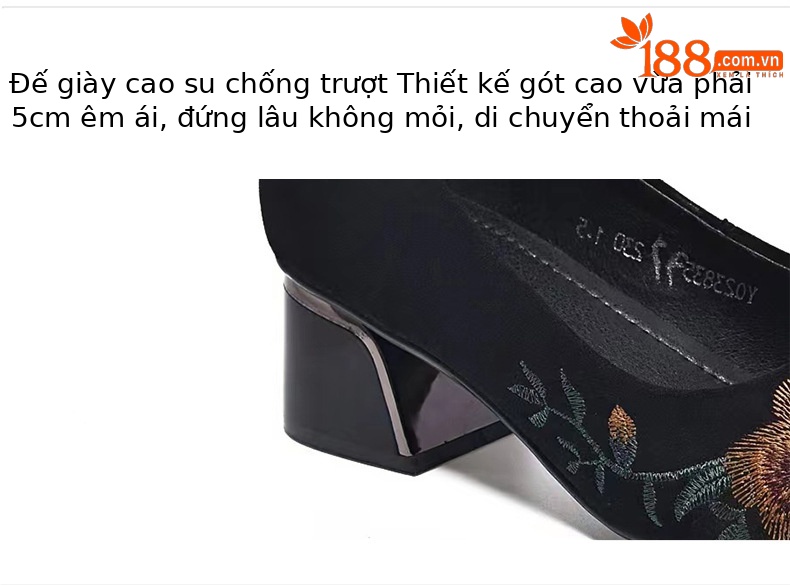 Giày búp bê nữ da thật đế mềm mũi tròn thêu hoa gót vuông 2,5 cm phong cách dân tộc — Màu đen gót 2,5 cm chi tiết 8
