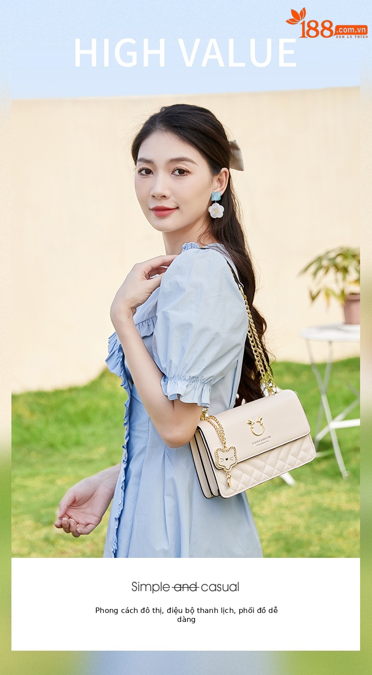 Túi đeo chéo nữ da thật dáng vuông nhỏ đường may thêu chần bông dây xích — Màu trắng be chi tiết 1