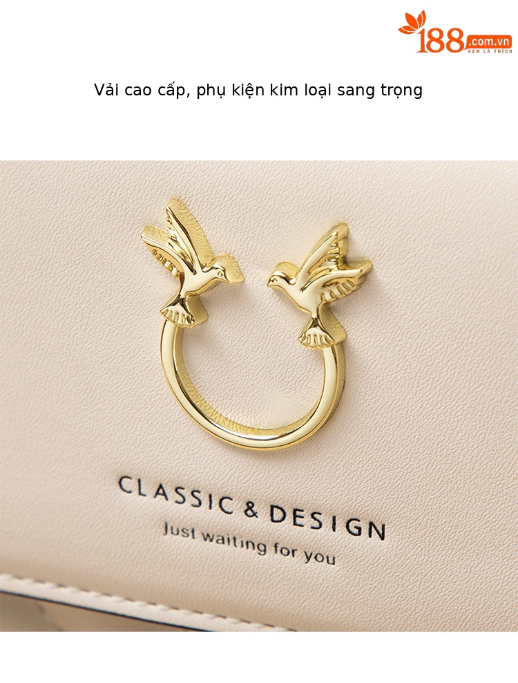 Túi đeo chéo nữ da thật dáng vuông nhỏ đường may thêu chần bông dây xích — Màu trắng be chi tiết 5