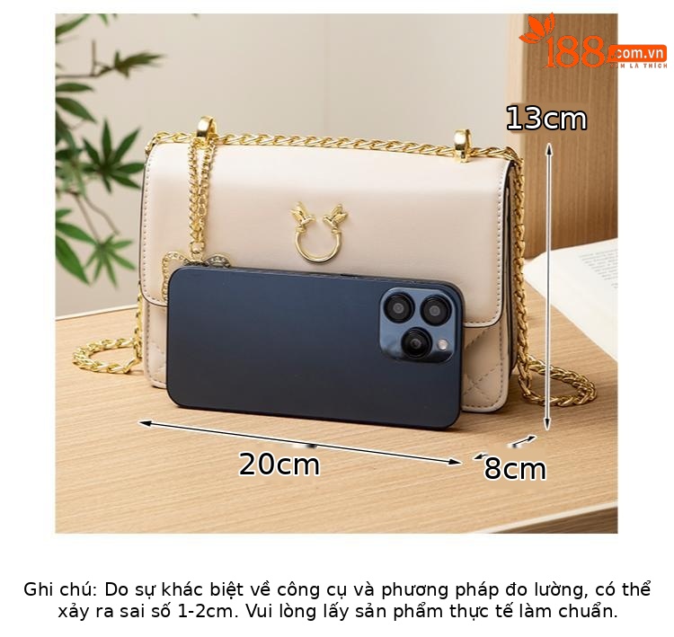 Túi đeo chéo nữ da thật dáng vuông nhỏ đường may thêu chần bông dây xích — Màu trắng be chi tiết 21