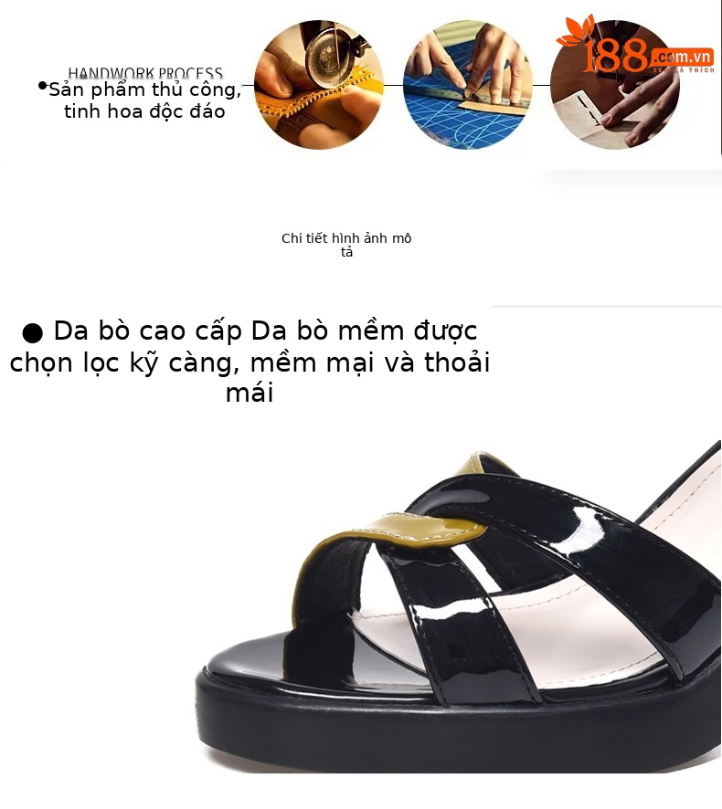 Sandal cao gót nữ quai ngang da thật đế platform tăng chiều cao — Màu đen chi tiết 7