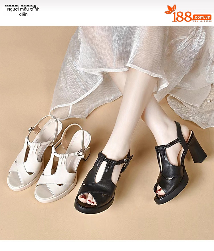 Sandal cao gót nữ đế dày da thật phong cách La Mã, gót 9 cm — Màu đen chi tiết 1