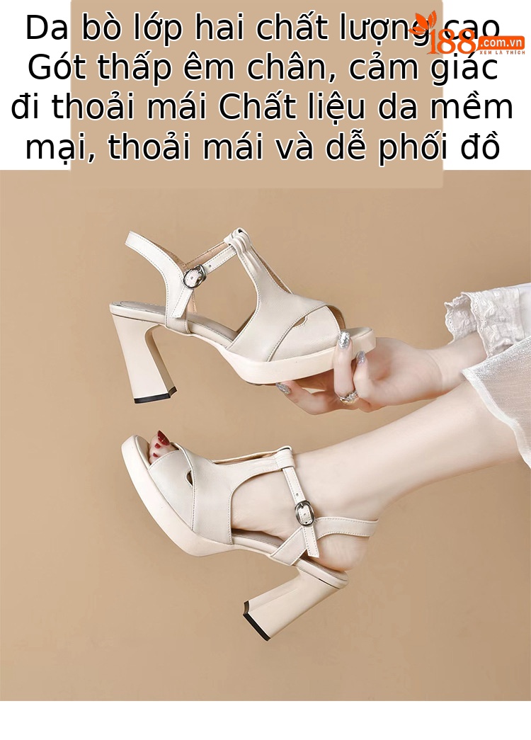 Sandal cao gót nữ đế dày da thật phong cách La Mã, gót 9 cm — Màu đen chi tiết 2
