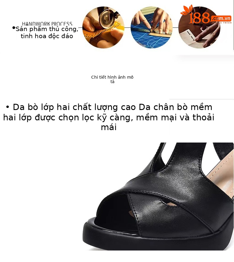 Sandal cao gót nữ đế dày da thật phong cách La Mã, gót 9 cm — Màu đen chi tiết 7