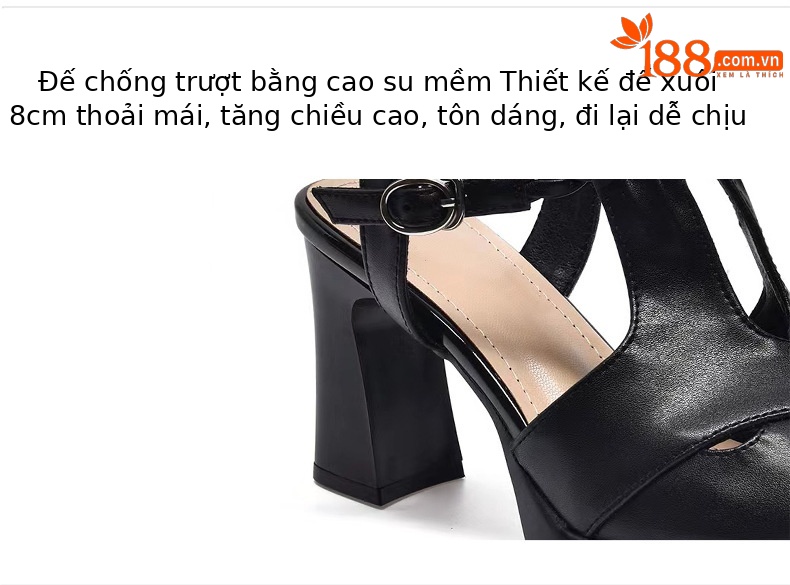 Sandal cao gót nữ đế dày da thật phong cách La Mã, gót 9 cm — Màu đen chi tiết 8