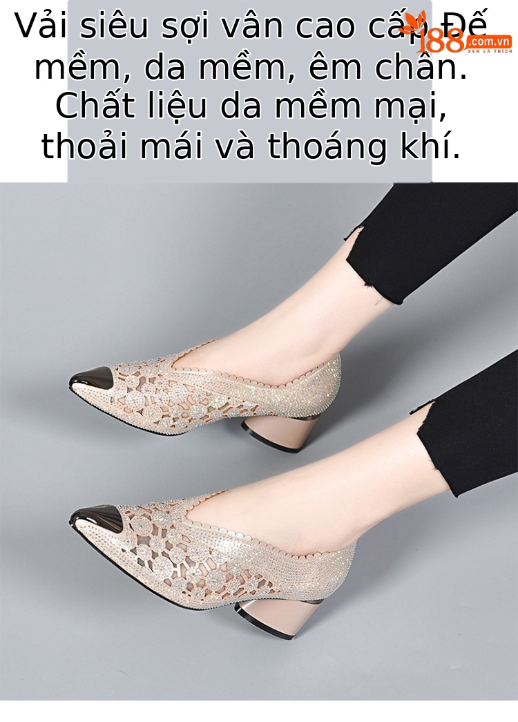 Giày sandal cao gót nữ đính đá lưới thoáng khí gót thấp — Màu đen chi tiết 2