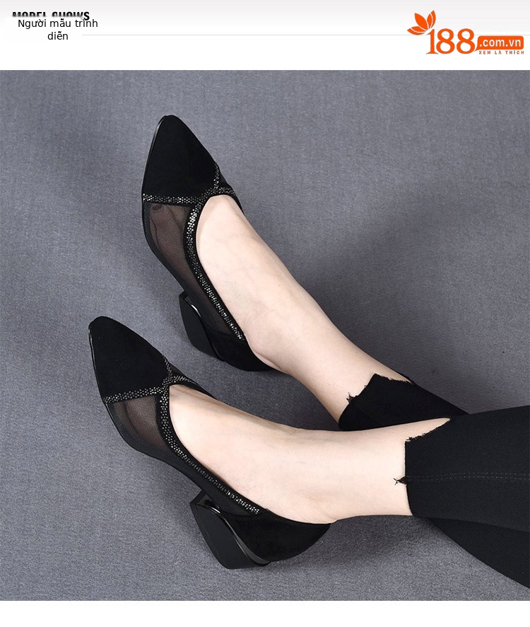 Giày sandal lưới nữ gót thấp 5 cm mũi nhọn da thật thoáng khí — Gót nhỏ màu đen 5 cm chi tiết 1