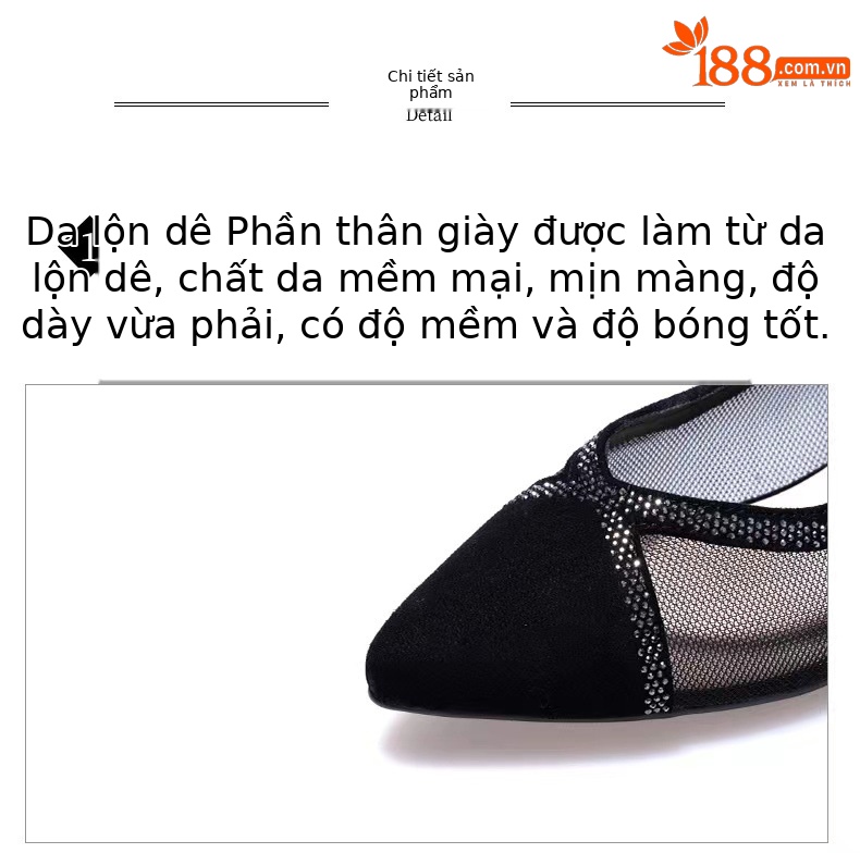 Giày sandal lưới nữ gót thấp 5 cm mũi nhọn da thật thoáng khí — Gót nhỏ màu đen 5 cm chi tiết 5