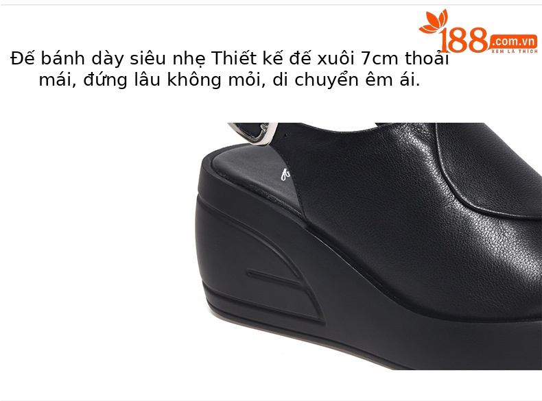 Sandal nữ đế xuồng da thật, đế mềm, quai đơn, hở mũi, gót cao 9 cm — Màu đen chi tiết 8