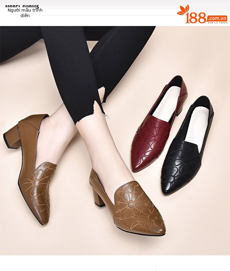 Giày nữ da bò mềm đế mềm gót vuông 5 cm phong cách retro — Gót giữa KAKI 5cm chi tiết 1