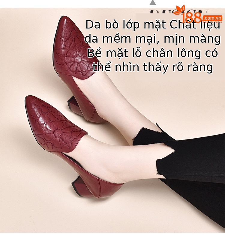 Giày nữ da bò mềm đế mềm gót vuông 5 cm phong cách retro — Gót giữa KAKI 5cm chi tiết 2