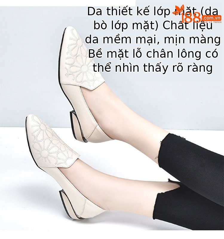 Giày nữ da bò mềm đế mềm gót vuông 5 cm phong cách retro — Gót giữa KAKI 5cm chi tiết 11