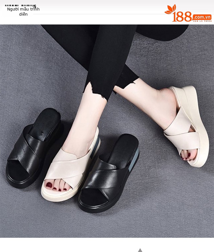 Dép sandal nữ đế xuồng da bò thật quai chữ V gót cao 9 cm — Màu đen (Da bò lớp đầu tiên) chi tiết 1