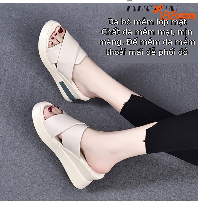 Dép sandal nữ đế xuồng da bò thật quai chữ V gót cao 9 cm — Màu đen (Da bò lớp đầu tiên) chi tiết 2