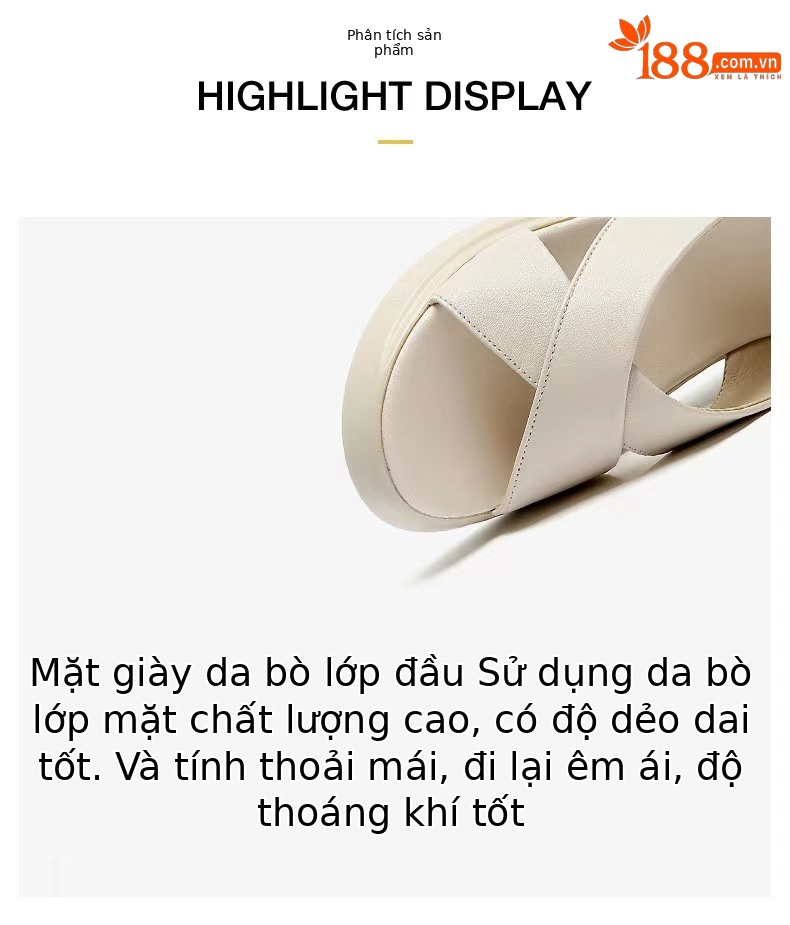Dép sandal nữ đế xuồng da bò thật quai chữ V gót cao 9 cm — Màu đen (Da bò lớp đầu tiên) chi tiết 7