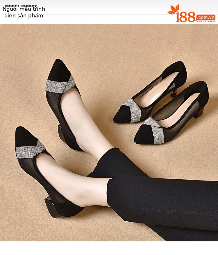 Giày sneaker nữ da lộn lưới thoáng khí đế bằng miệng nông — Gót thô màu đen (5 cm) chi tiết 1