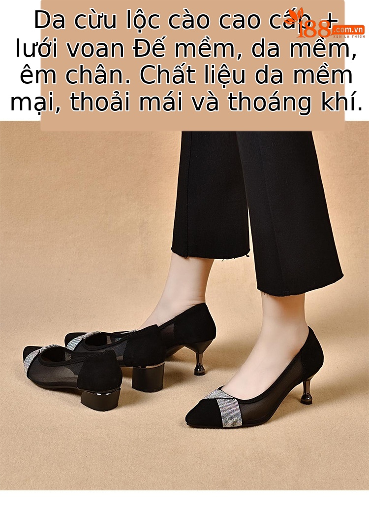 Giày sneaker nữ da lộn lưới thoáng khí đế bằng miệng nông — Gót thô màu đen (5 cm) chi tiết 2