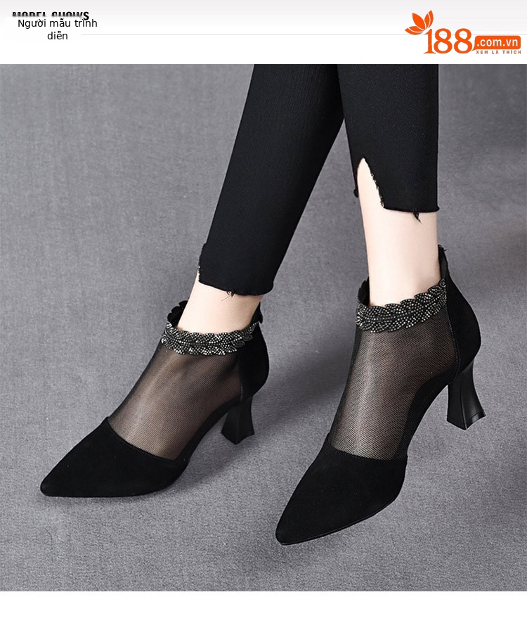 Boot lưới nữ cao gót mùa hè, cổ thấp, chất liệu da thật thoáng khí — Màu Đen Cashmere + lưới chi tiết 1