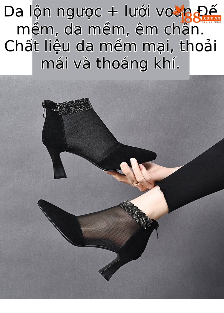 Boot lưới nữ cao gót mùa hè, cổ thấp, chất liệu da thật thoáng khí — Màu Đen Cashmere + lưới chi tiết 2