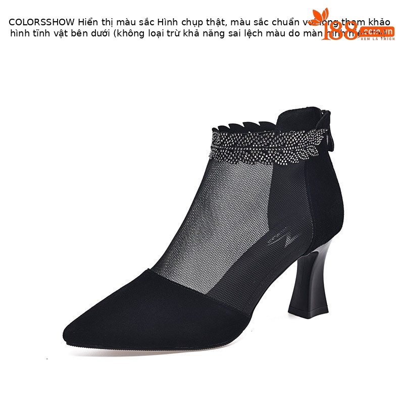 Boot lưới nữ cao gót mùa hè, cổ thấp, chất liệu da thật thoáng khí — Màu Đen Cashmere + lưới chi tiết 9