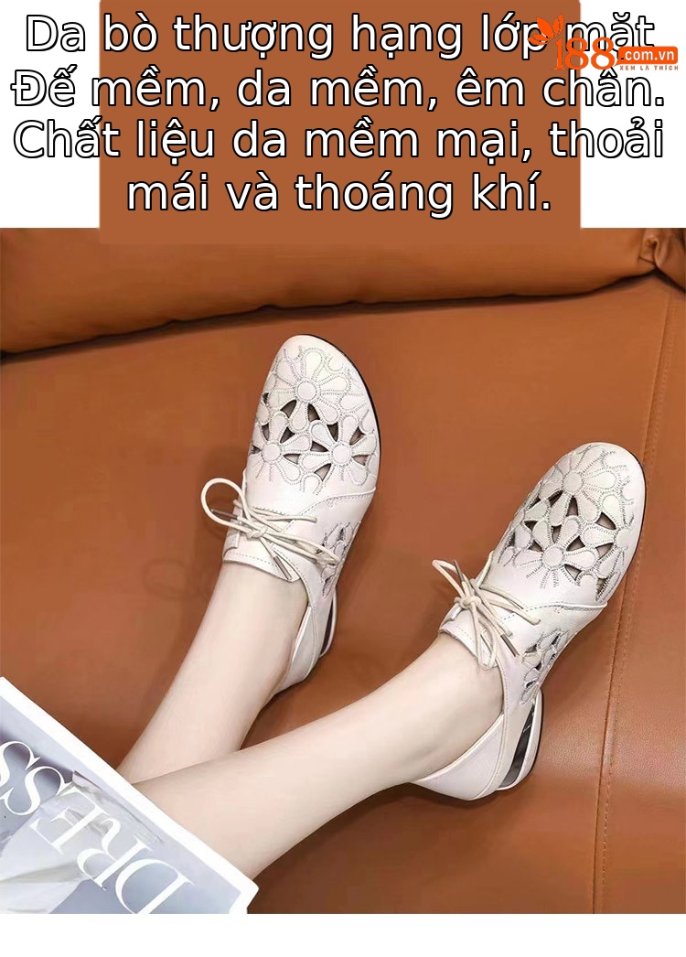 Giày bệt nữ da thật khoét lỗ thoáng khí đế mềm — Màu đen chi tiết 2