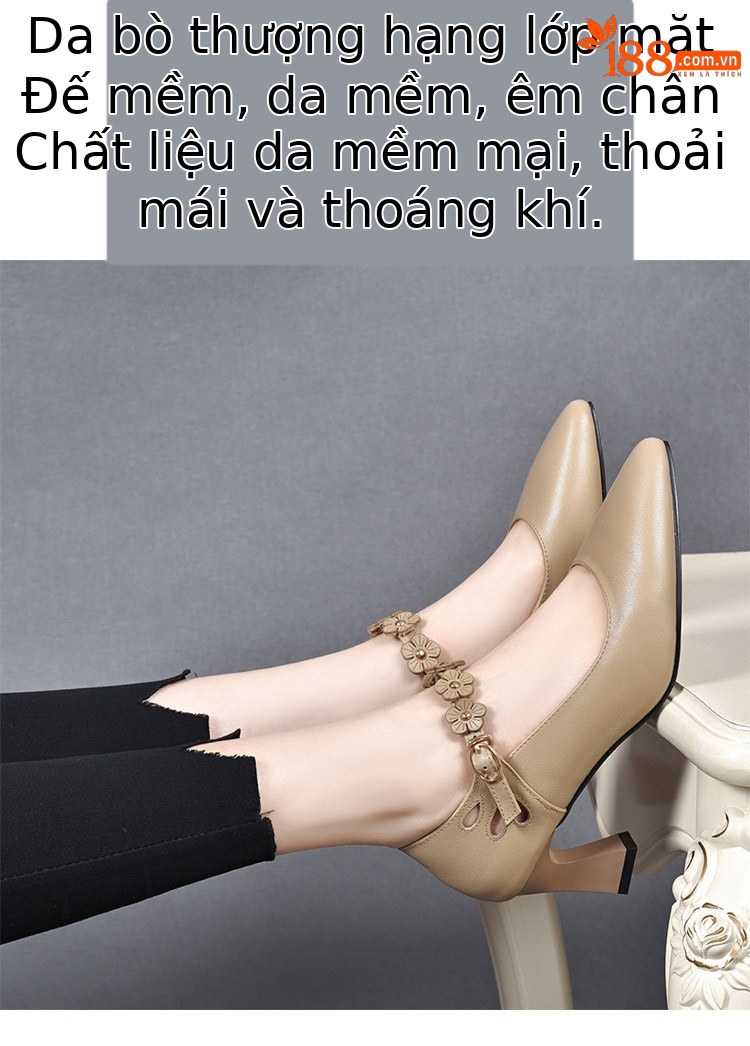 Giày cao gót nữ mũi nhọn miệng nông quai khóa da thật công sở — Màu đen chi tiết 2
