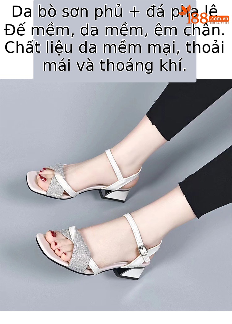 Sandal cao gót nữ quai ngang đính đá pha lê, gót vuông ổn định, chất da thật — Màu đen chi tiết 2
