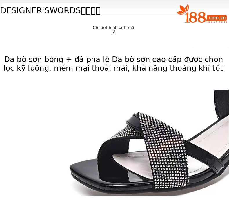 Sandal cao gót nữ quai ngang đính đá pha lê, gót vuông ổn định, chất da thật — Màu đen chi tiết 7