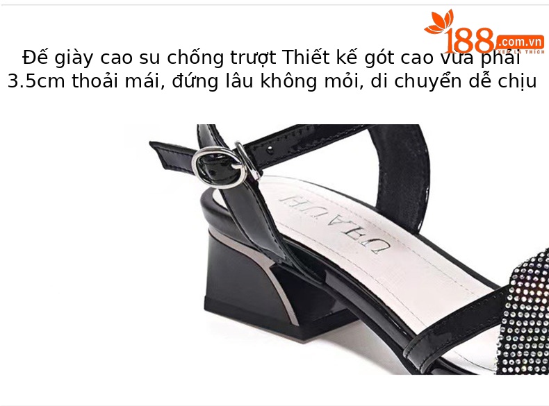 Sandal cao gót nữ quai ngang đính đá pha lê, gót vuông ổn định, chất da thật — Màu đen chi tiết 8