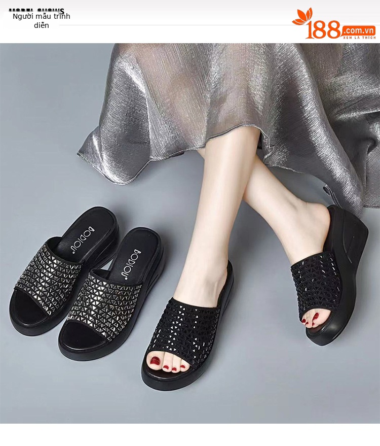 Dép sandal nữ đế xuồng đính đá tăng chiều cao — Màu đen chi tiết 1