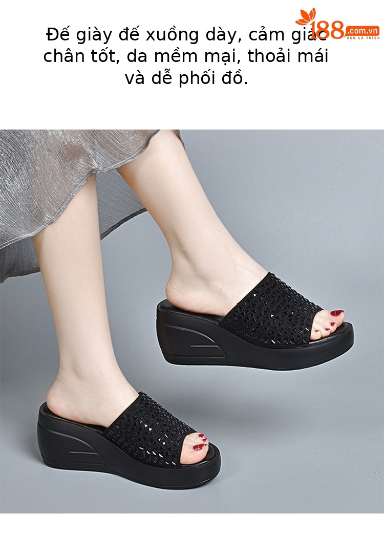 Dép sandal nữ đế xuồng đính đá tăng chiều cao — Màu đen chi tiết 2
