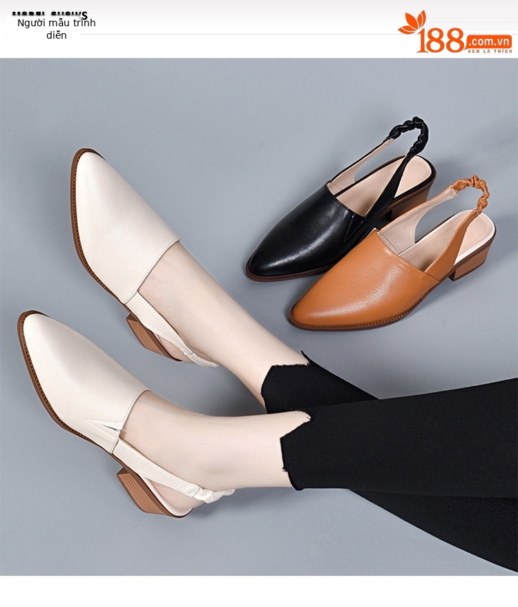Dép sandal nữ da thật mũi nhọn gót trung bình quai chữ V — Màu đen chi tiết 1