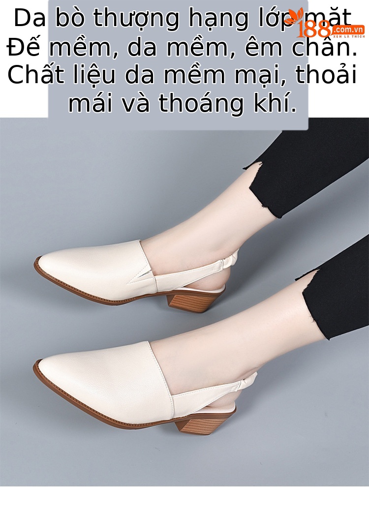 Dép sandal nữ da thật mũi nhọn gót trung bình quai chữ V — Màu đen chi tiết 2