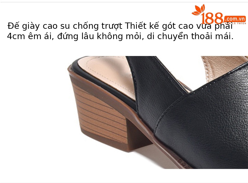 Dép sandal nữ da thật mũi nhọn gót trung bình quai chữ V — Màu đen chi tiết 8